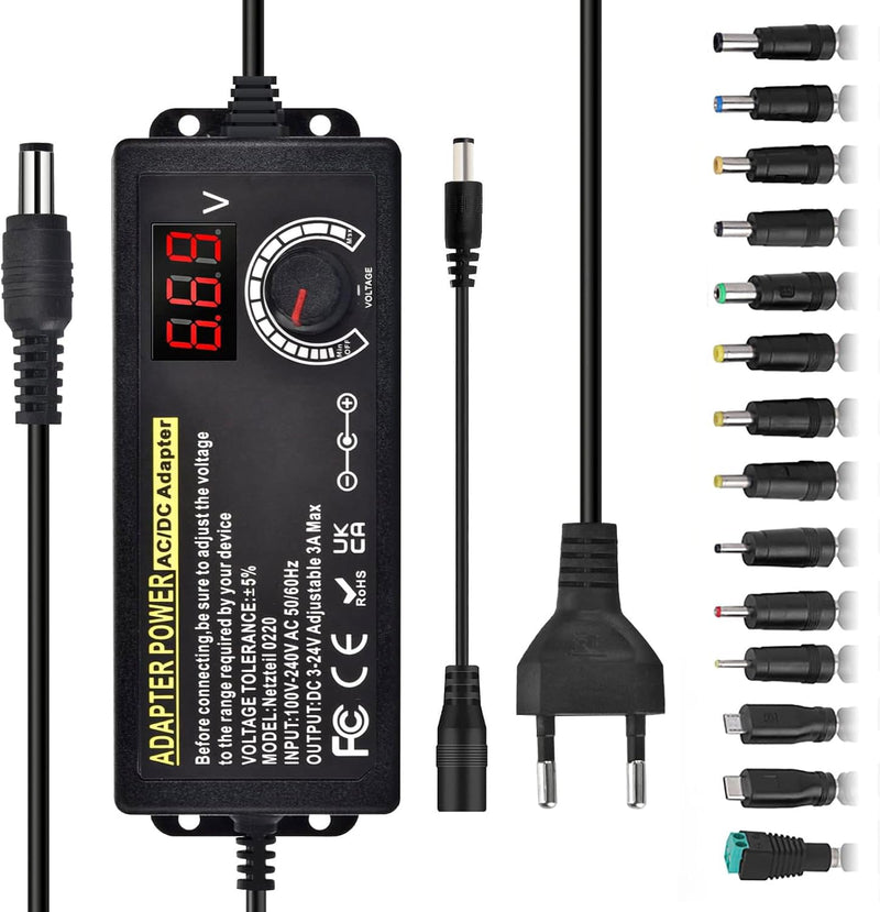 Einstellbares Netzteil 3V-24V Universal Netzteiladapter 3A 72W Verstellbarer Netzadapter 100V-240V A
