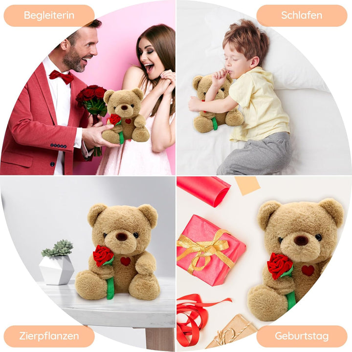 Teddybär, Teddy mit Rose 25cm, Plüsch-Bär Teddy Kuscheltier, Muttertagsgeschenke für Mama, Süsser St