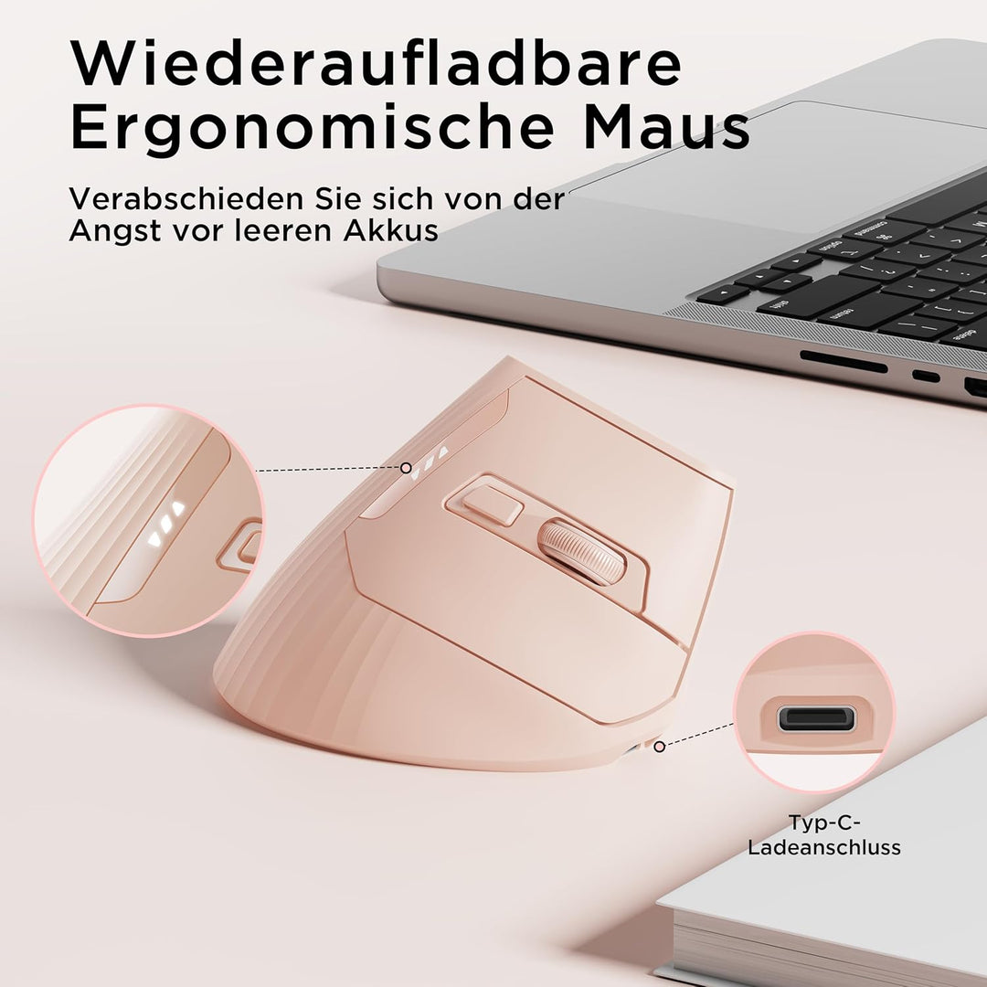 Uineer Vertikale Maus kabellos, 2,4G ergonomische Maus mit Akkuanzeige, 4 Stufen DPI, computermaus f