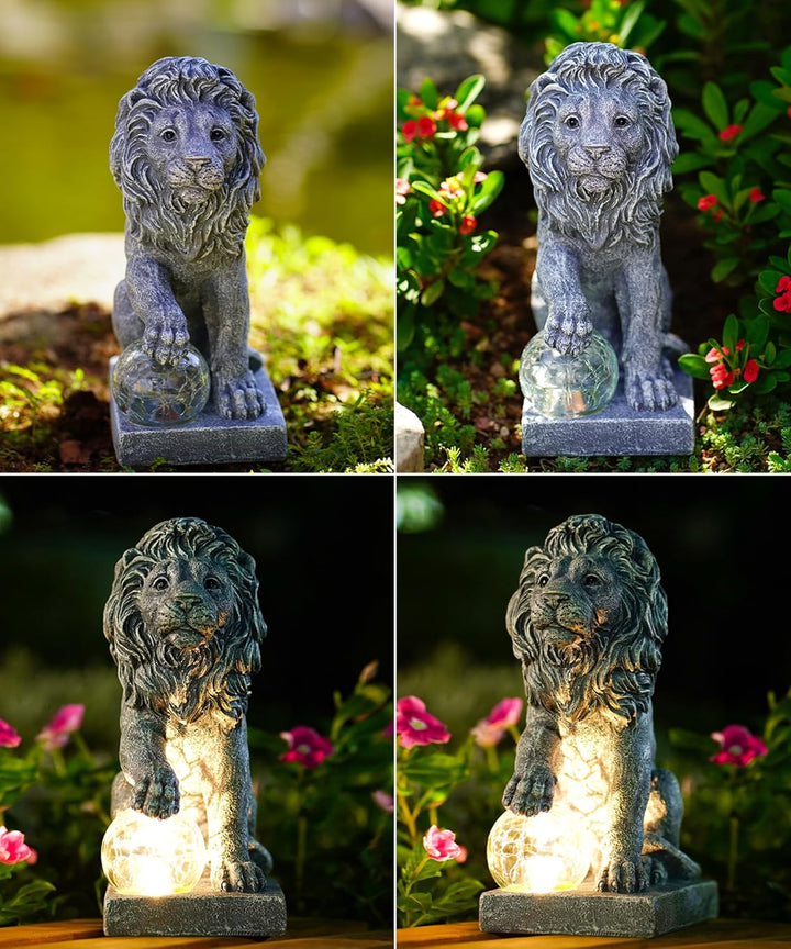Yeomoo Löwen Figuren Deko mit Solarlampen Kugel Gartendeko - Löwe Solar Deko für Aussen Garten Lowe
