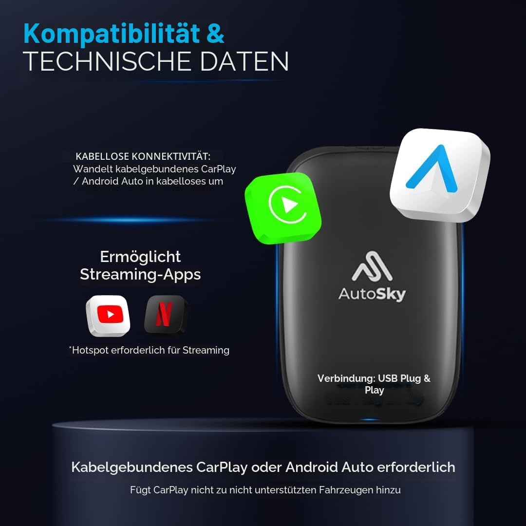 AutoSky Wireless CarPlay & Android Auto AI Box Lite – Für Fahrzeuge mit Wired CarPlay – Kabellos Car