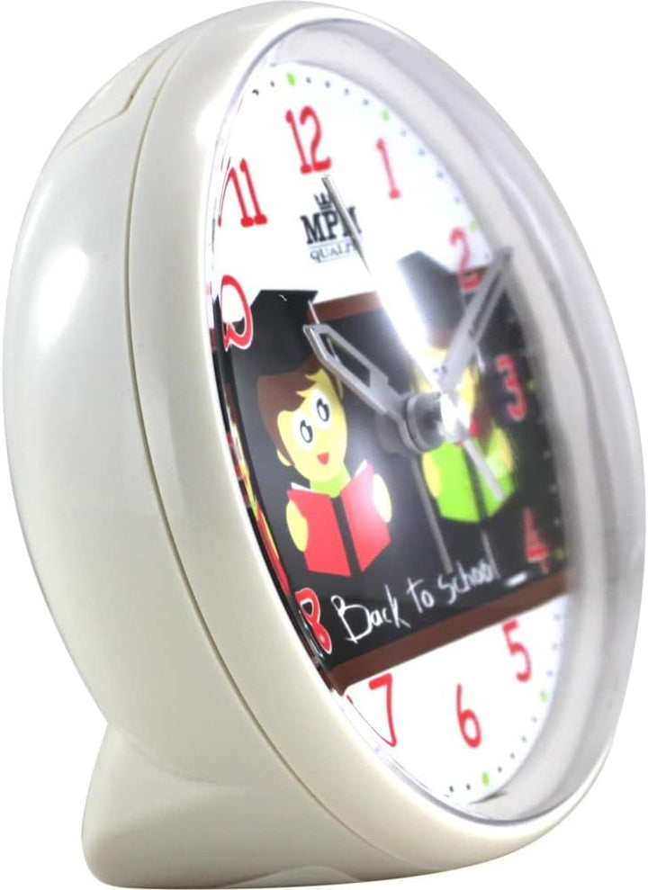 MPM Quality Design Kinder Wecker aus Kunststof, Motiv Schule, Quarz-Uhrwerk Sweep, LED Lichtfunktion