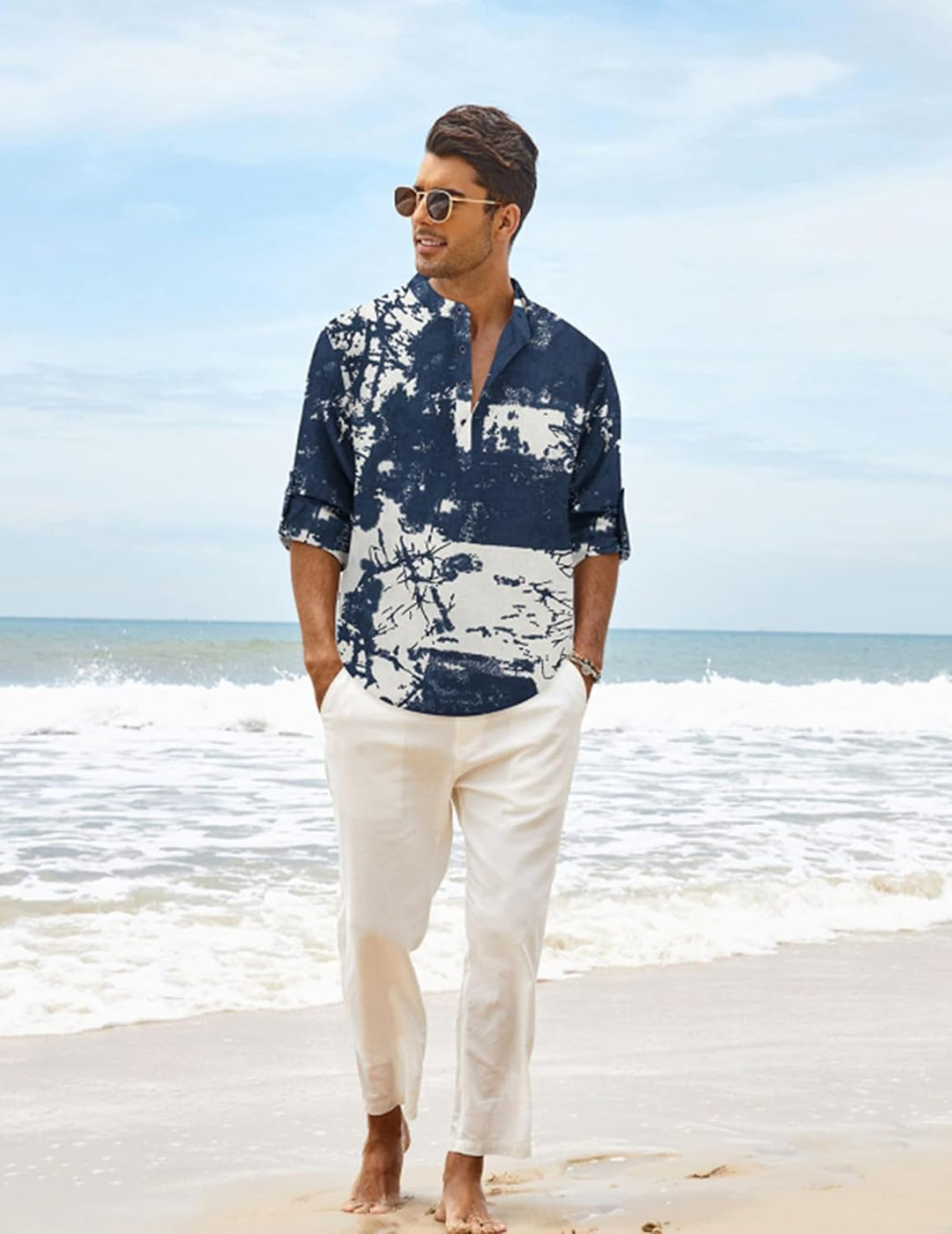COOFANDY Hemd Herren Langarm Leinenhemd Baumwolle Henley Shirt Casual Regular Fit Sommerhemd S Navy