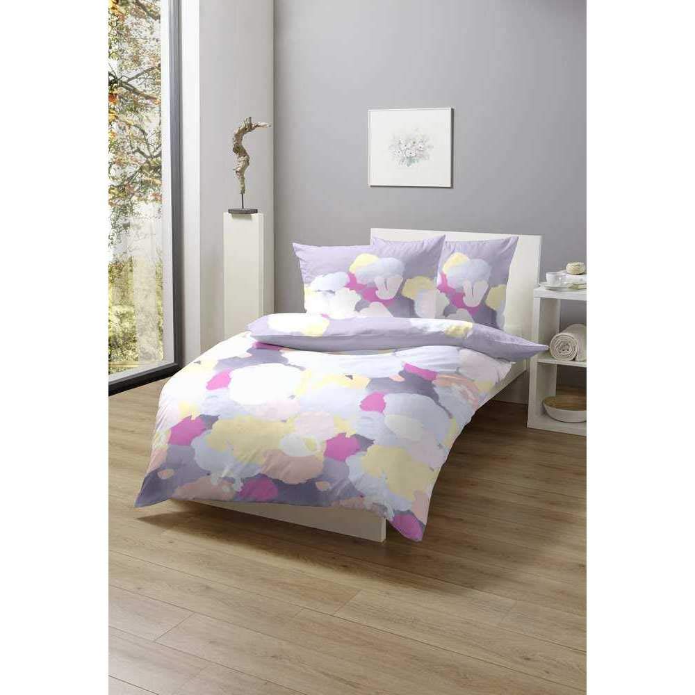 Hahn Baumwoll Satin Bettwäsche Farbtupfer Hellblau Weiss Lila Rosa, 135 x 200 cm + 80 x 80 cm Lila 1