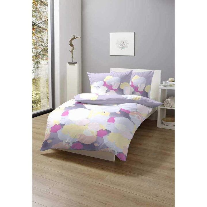 Hahn Baumwoll Satin Bettwäsche Farbtupfer Hellblau Weiss Lila Rosa, 135 x 200 cm + 80 x 80 cm Lila 1
