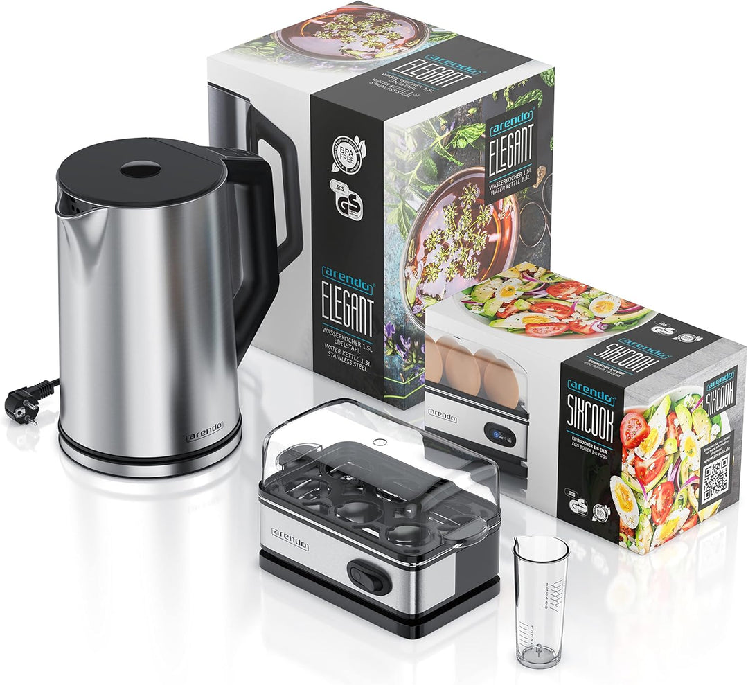 Arendo - SET Wasserkocher ELEGANT mit Eierkocher THREECOOK Edelstahl Silber, Wasserkocher 1,5L 40° -