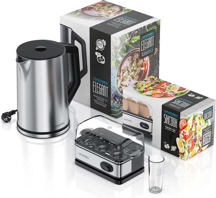 Arendo - SET Wasserkocher ELEGANT mit Eierkocher THREECOOK Edelstahl Silber, Wasserkocher 1,5L 40° -