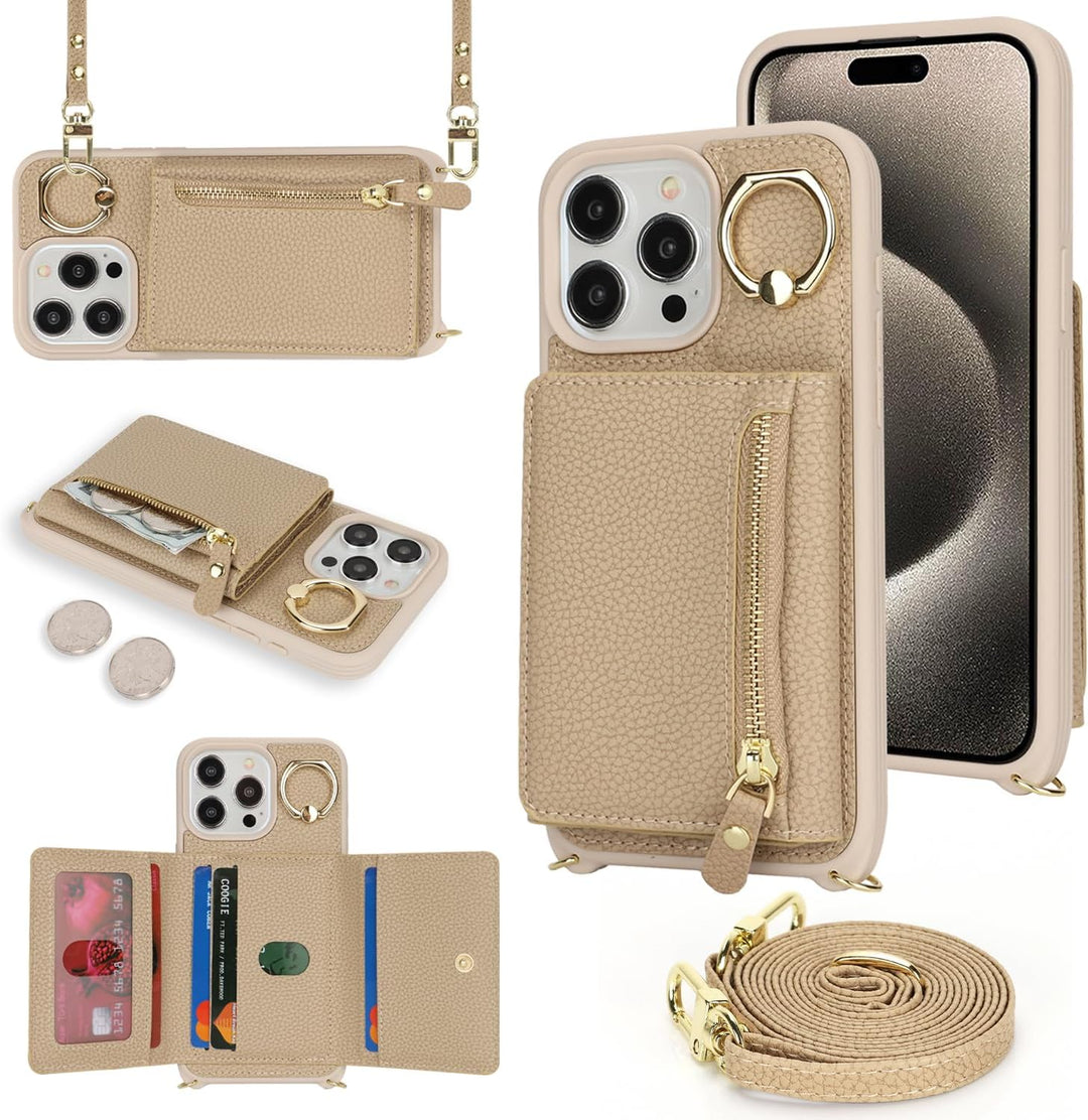 ELTEKER Handyhülle für iPhone 15 Pro Max Hülle mit Band Kartenfach Handykette Ringhalterung Geldbörs