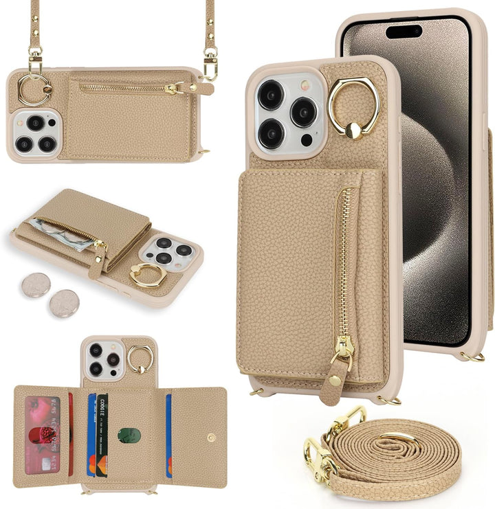 ELTEKER Handyhülle für iPhone 15 Pro Max Hülle mit Band Kartenfach Handykette Ringhalterung Geldbörs