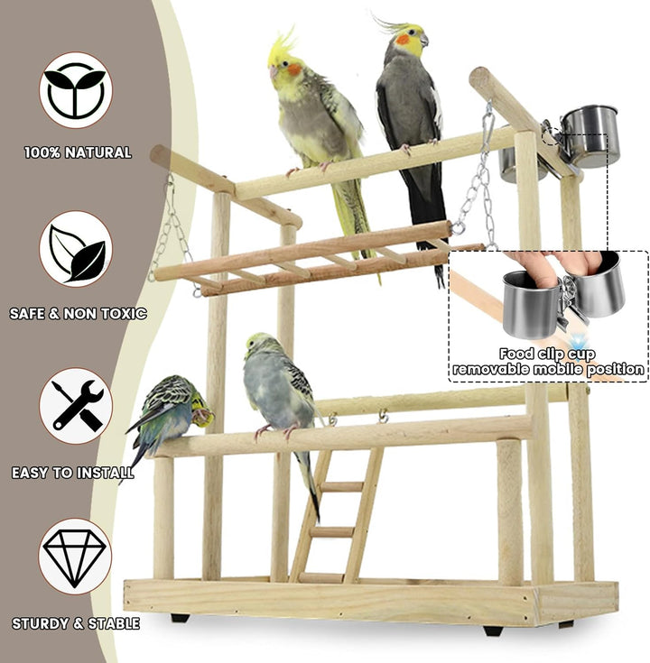 WishesMar Wellensittich Spielplatz Vogel-Spielplatz mit Feeder-Cup Spielzeug Leiter Erklimmen Schauk