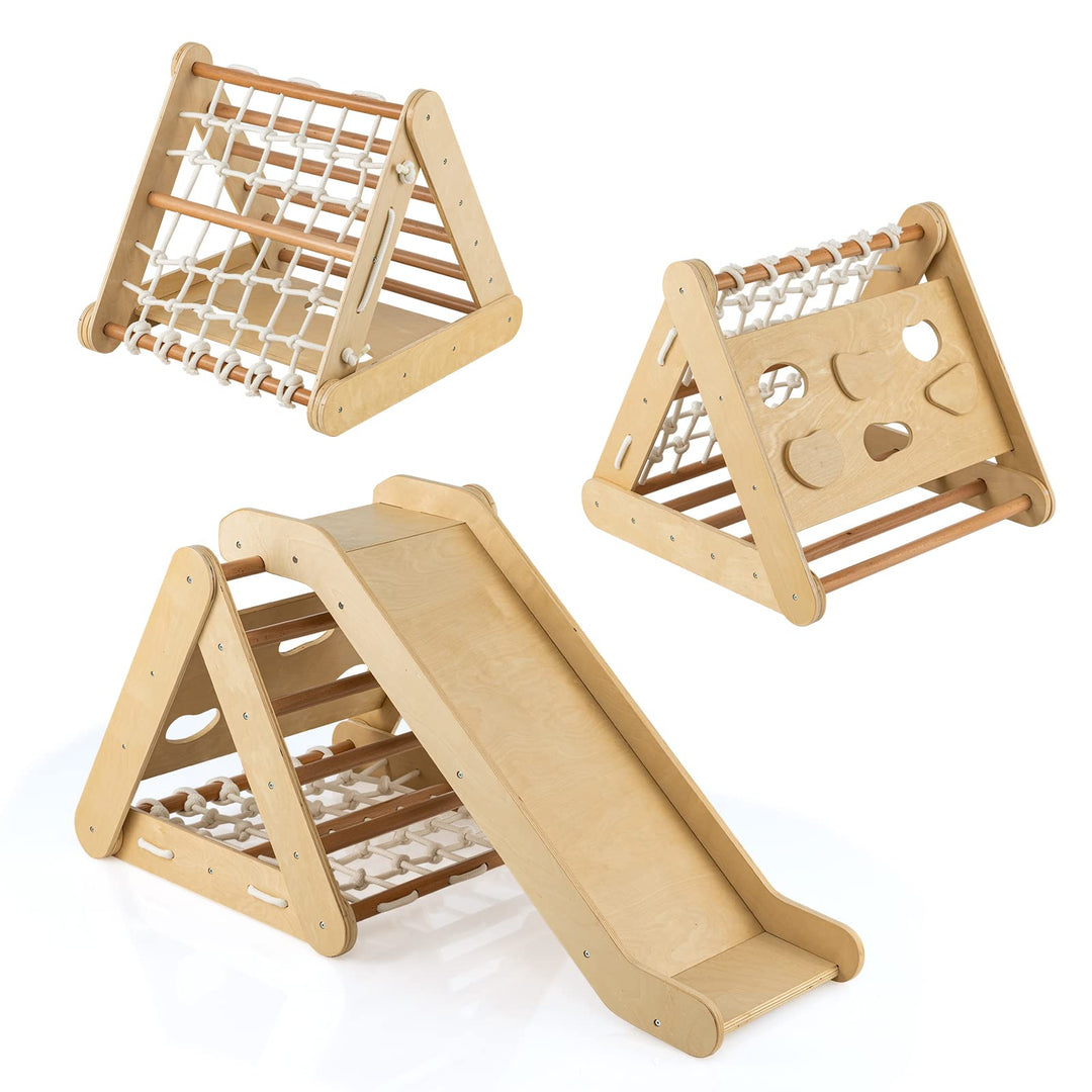 COSTWAY 4 in 1 Kletterdreieck mit Rutsche, Klettergerüst aus Holz, Sprossendreieck zum Rutschen und