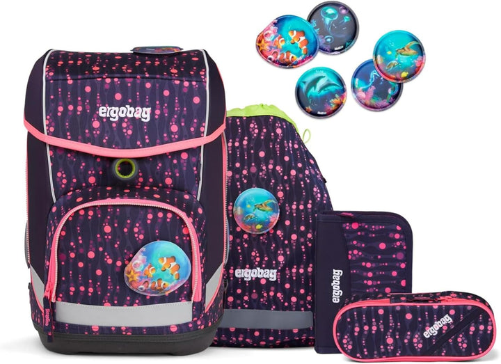 ergobag cubo Set ergonomischer Schulrucksack, Set 5-teilig Einheitsgrösse Bärmuda Viereck - Lila