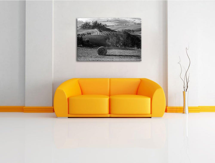 Heuballen in der Toskana Landschaft schwarz/weiss Format: 100x70 auf Leinwand, XXL riesige Bilder fe