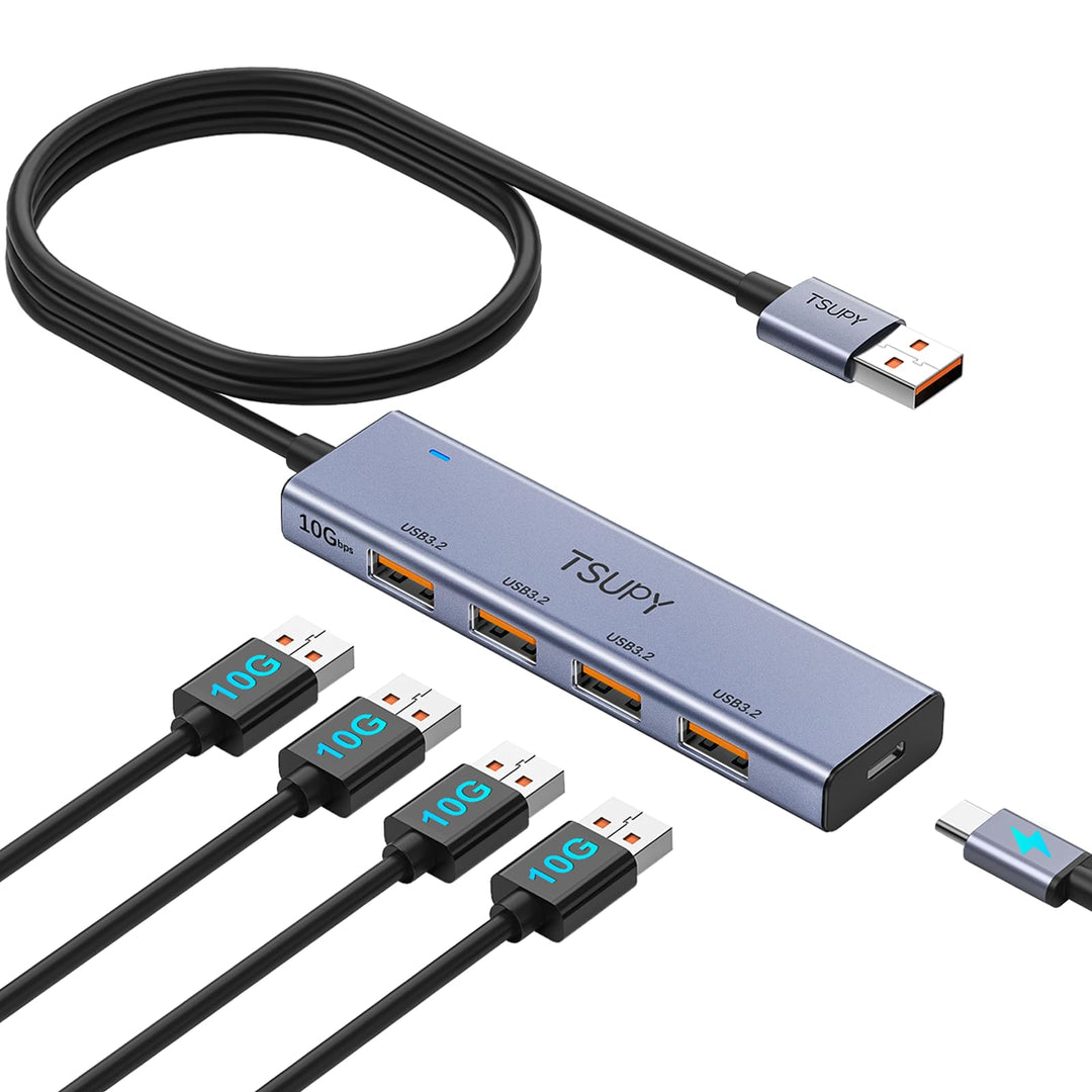 USB Hub 3.2 Gen 2, TSUPY USB Hub 10Gbps, Aluminium USB Verteiler mit 120cm Kabel kompatibel für Lapt