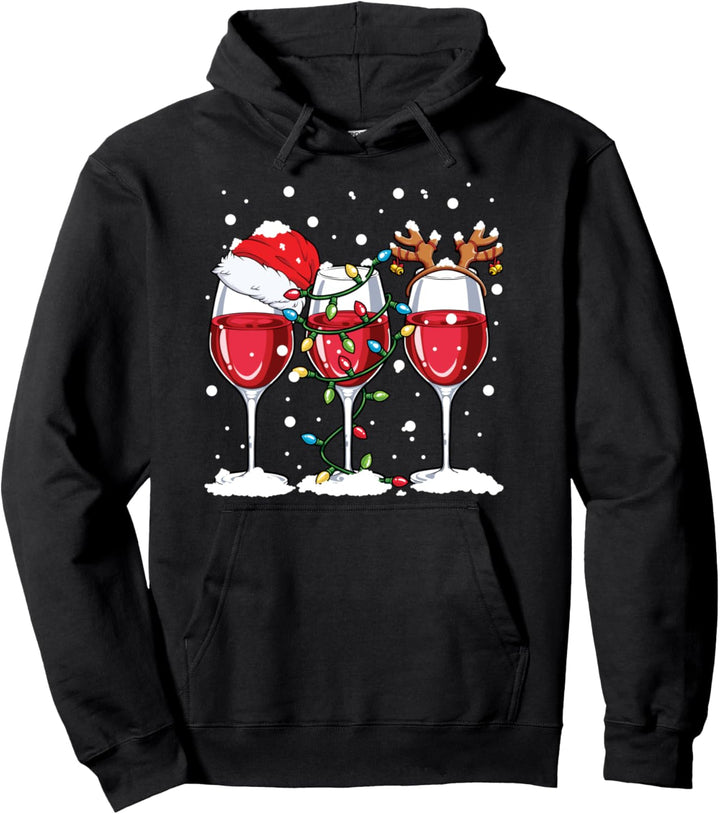 Wine Christmas Santa Hat Xmas Lights Reindeer Antlers Women Pullover Hoodie