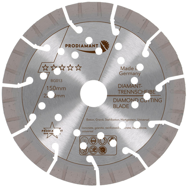 PRODIAMANT Profi Diamanttrennscheibe Beton Granit Oxx 150 mm x 22,2 mm Made in Germany lasergeschwei