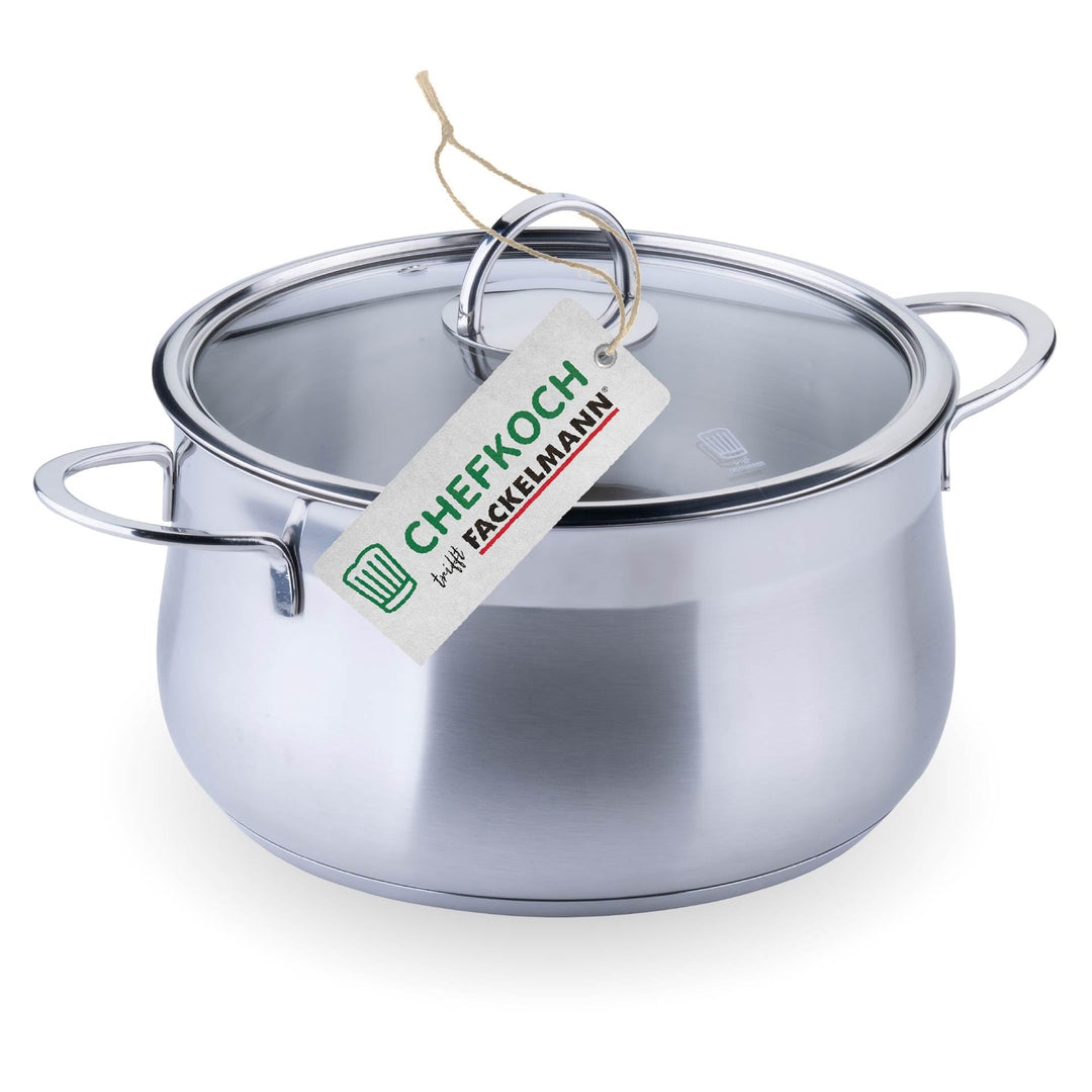 FACKELMANN Chefkoch trifft Kochtopf mit Glasdeckel – ø24cm Edelstahl 18/8, Aluminium-Kern, für alle
