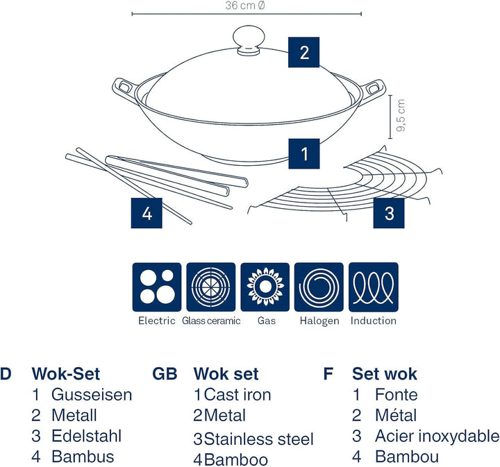 Kela 77943 Wok-Set mit Deckel, Induktionsgeeigent, 36 cm Durchmesser, Wok-Set Asia, 36 x 36 x 10 cm