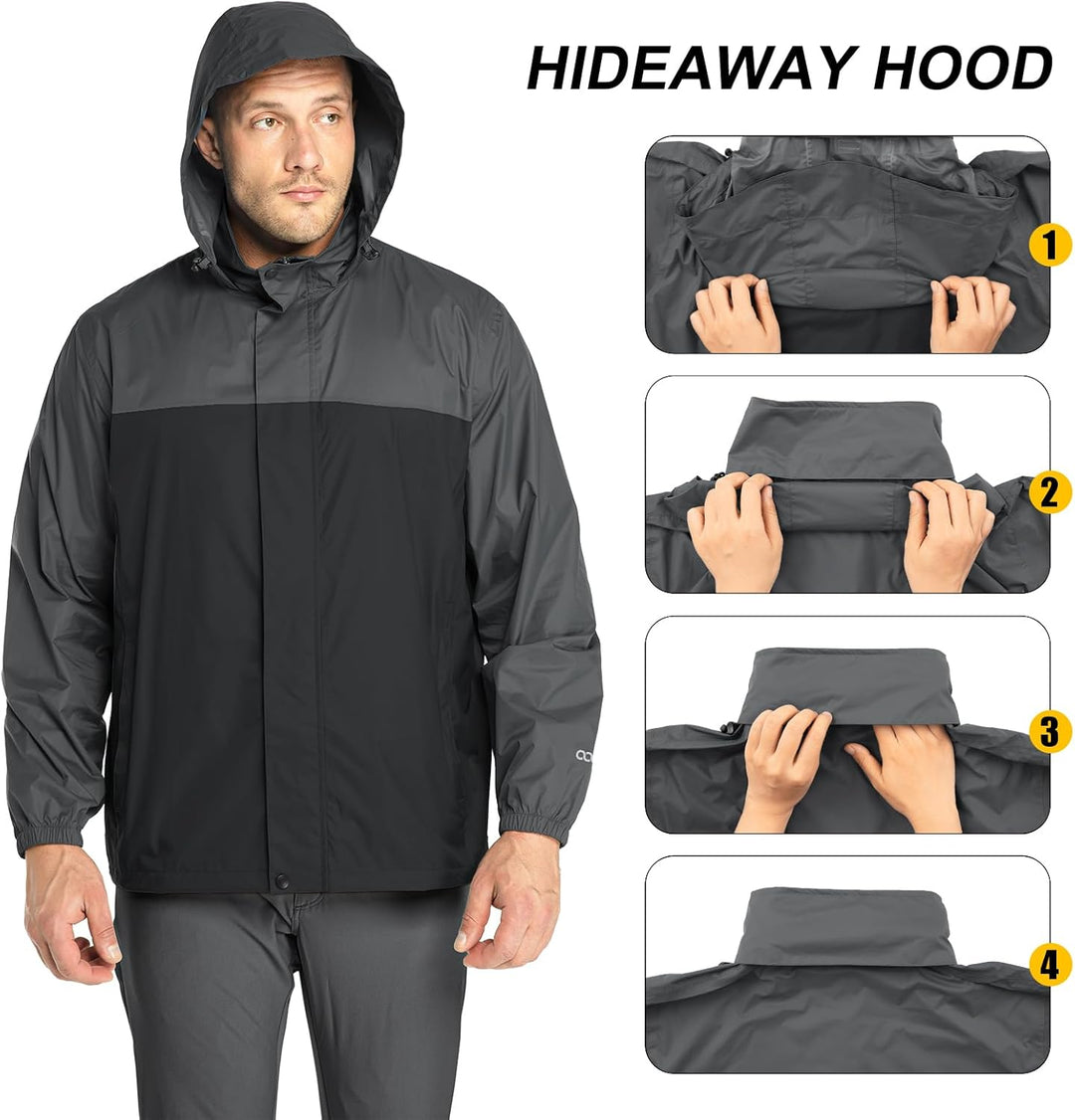 33,000ft Regenjacke Herren Leicht Wasserdicht Faltbare Regenmantel mit Kapuze Fahrrad Rain Windbreak