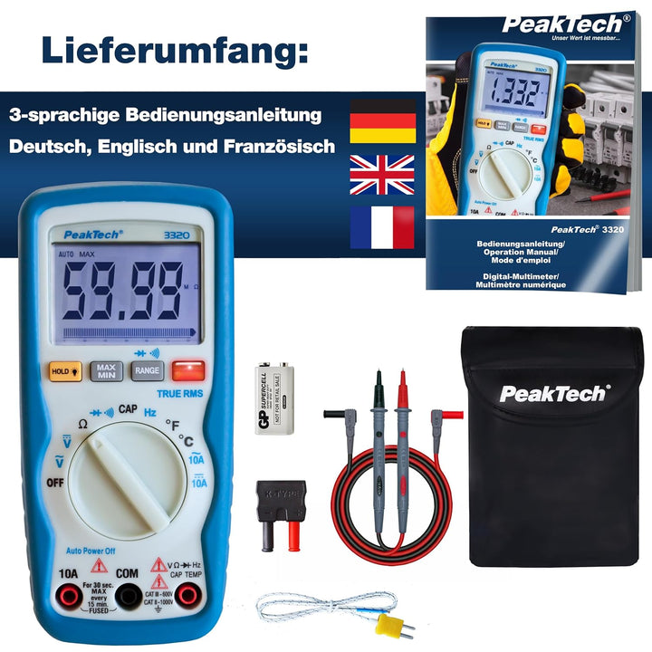 PeakTech 3320 Digitales Multimeter mit TrueRMS, 10 A AC/DC, 6.000 Zähler, tragbares Multimeter, Volt