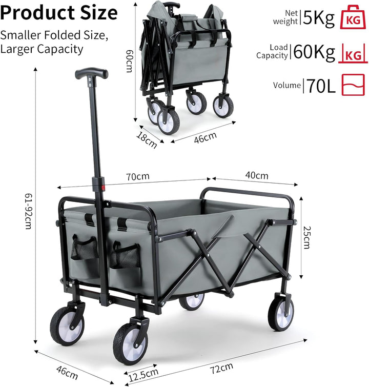 Bollerwagen Faltbar Handwagen All Terrain Räder, Gartenwagen mit Getränkehalter verstellbarem Griff,