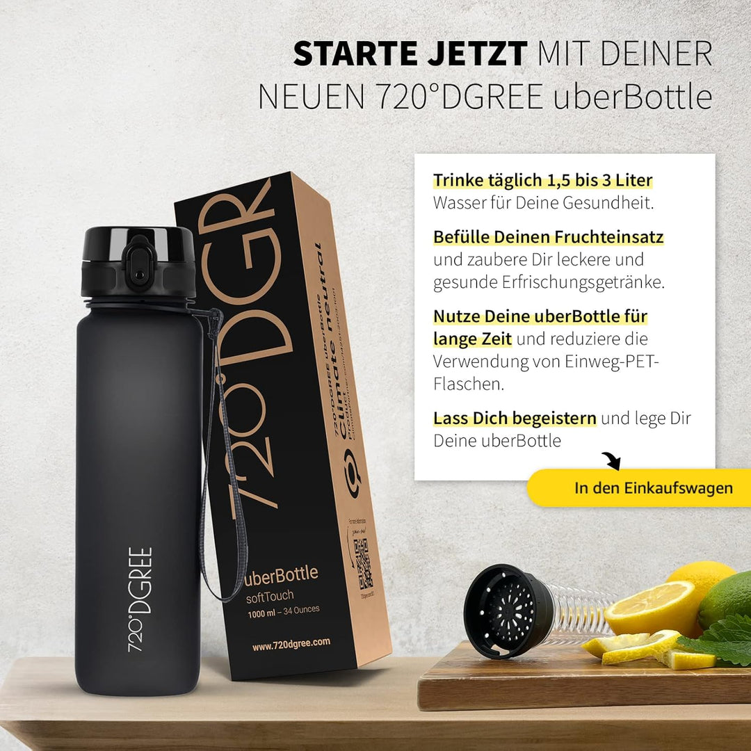720°DGREE Trinkflasche “uberBottle“ 350ml, 500ml, 650ml, 1l, 1,5 Liter softTouch +Früchtebehälter -