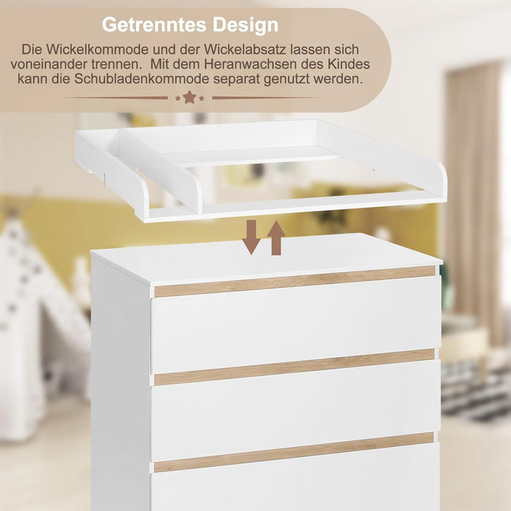 WOLTU Wickelkommode mit Wickelaufsatz, Wickeltisch, Kommode mit 3 Schubladen, Wickelaufsatz abnehmba
