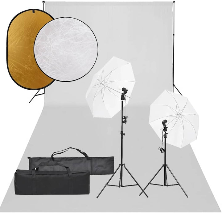 Fotostudio-Set mit Beleuchtung, Hintergrund und Reflektor für professionelle Porträt- und Produktfot