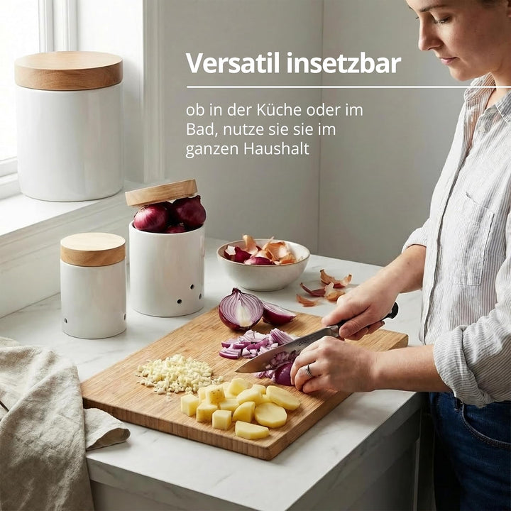 KHG Vorratsdosen Set Kartoffel-, Zwiebel- & Knoblauch, Keramik Steingut Weiss Holz-Deckel Bambus, Vo