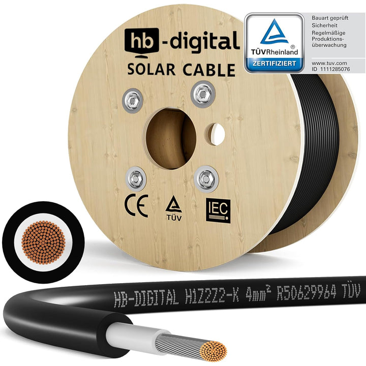 HB-DIGITAL 300m Solarkabel 4mm² H1Z2Z2-K TÜV Rheinland geprüft UV-beständig flexibel PV Kabel Reines