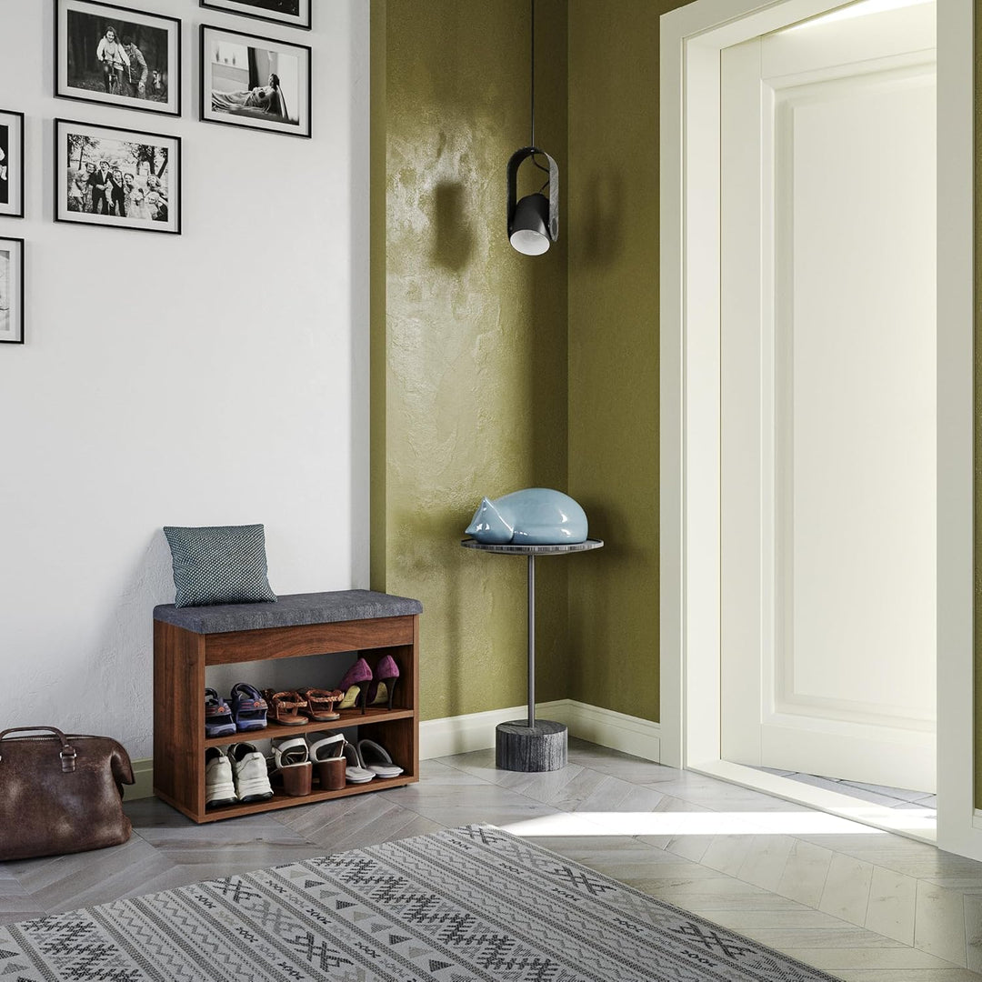 KOMTO Schuhbank mit Sitzfläche - Schuhregal Bank mit Stauraum Nussbaum 60 x 48 x 32 cm Kleiner Schuh