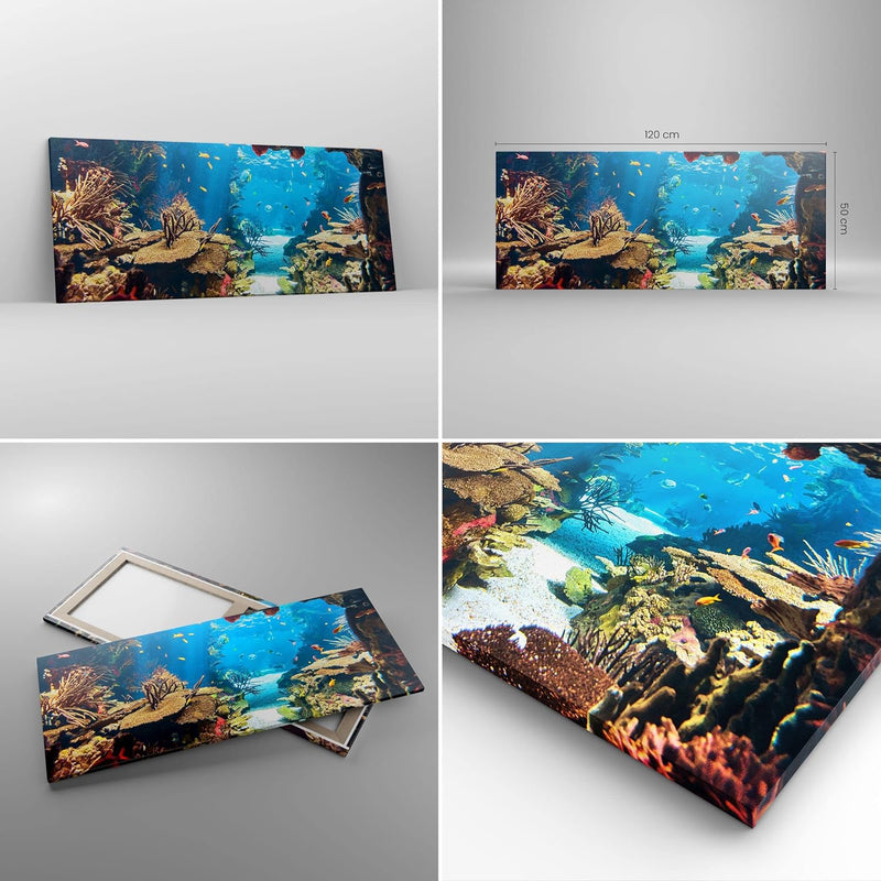 Wandbilder Dekoration Wohnzimmer Ozean Riff Fische Koralle Panorama Bilder auf Leinwand 120x50cm Lei