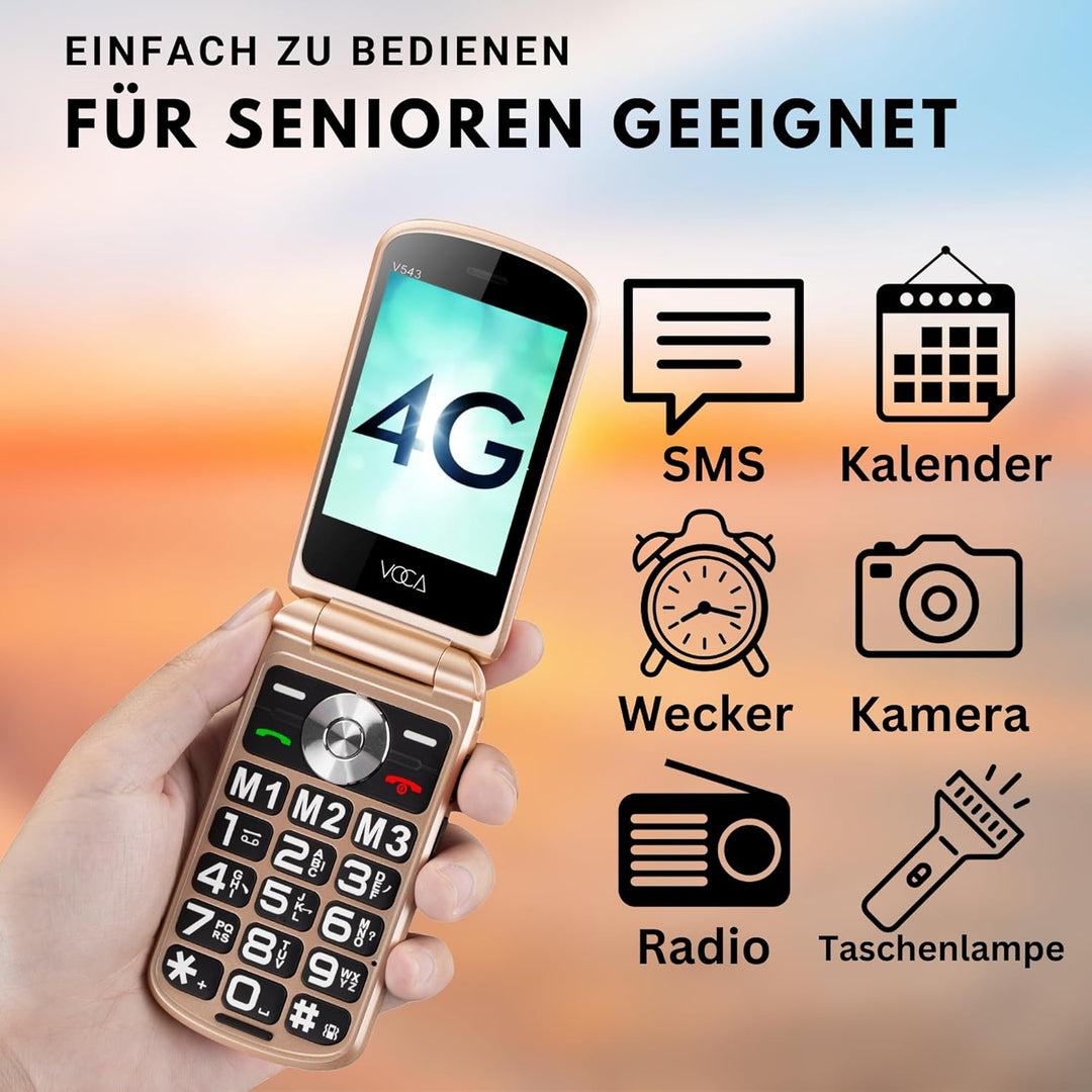 VOCA Grosstasten-Klapphandy für Senioren | Dual-Screen | 4G LTE | Lauter Klang | SOS-Taste | Hörgerä