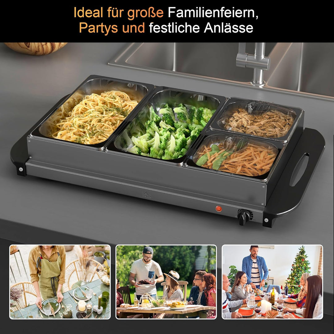 HOMCOM Buffetwärmer 6,8L Warmhalteplatte 300 Watt Edelstahl Speisewärmer mit Einstellbarer Thermosta