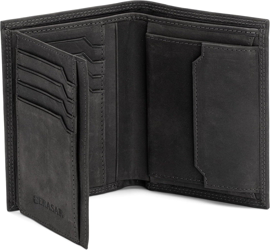 SERASAR | Leder Geldbörse Herren [Vintage] mit RFID Schutz | Schwarz | Echtleder | 12 Kartenfächer |