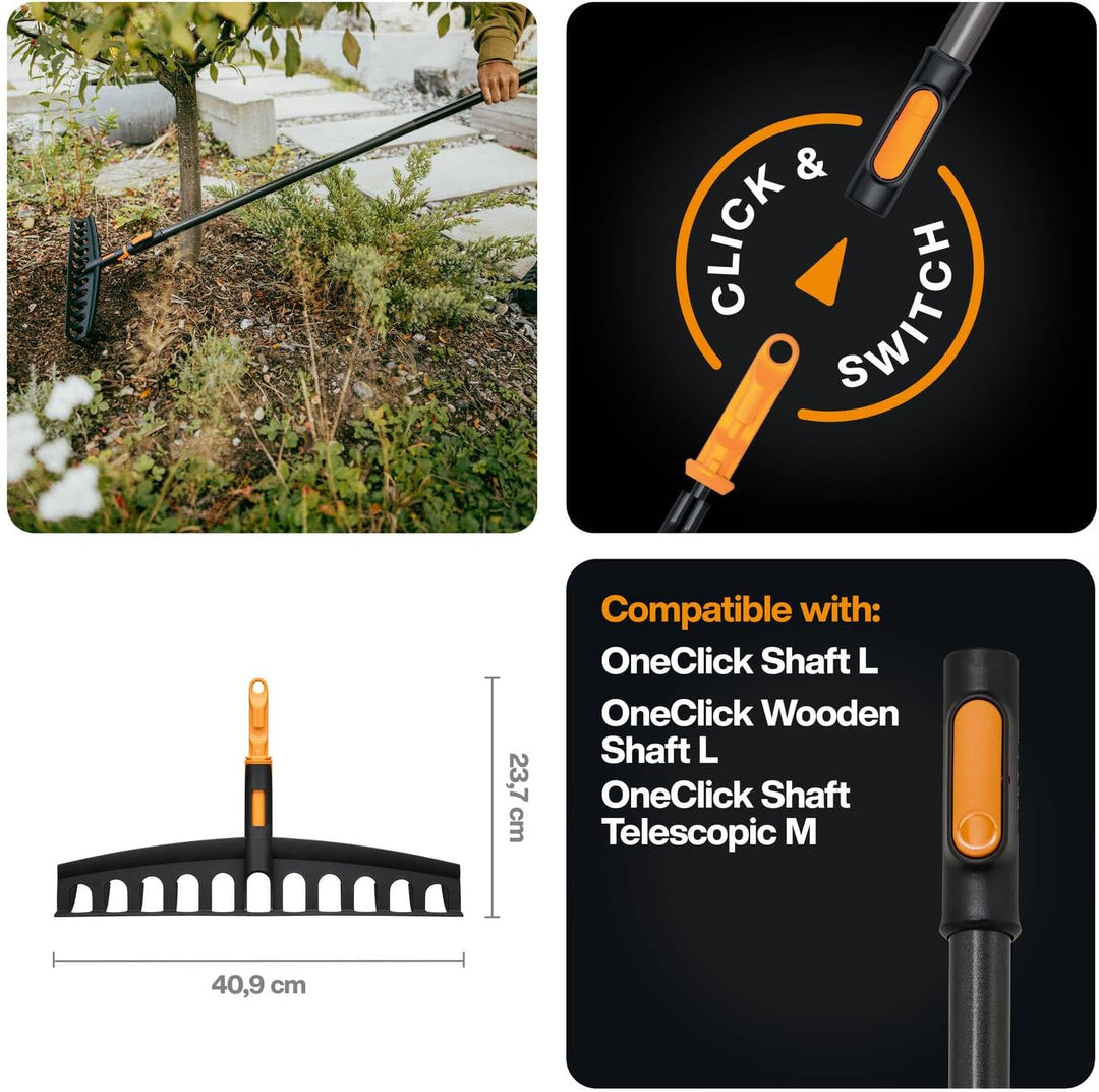 Fiskars OneClick Universalrechen, Rechen-Aufsatz für Gras und Laub, Müheloses Wechseln mit nur einem