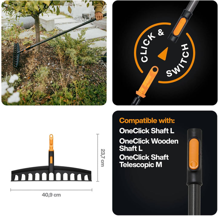 Fiskars OneClick Universalrechen, Rechen-Aufsatz für Gras und Laub, Müheloses Wechseln mit nur einem