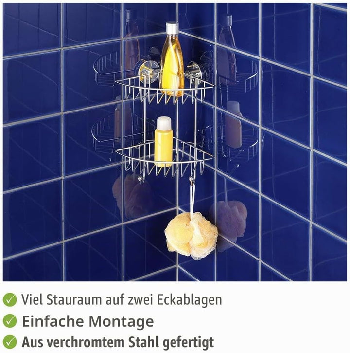 WENKO Duschablage Ecke 2 Etagen ohne Bohren, Vacuum-Loc Eckregal Mod. Bari mit Vakuum-Befestigung, v