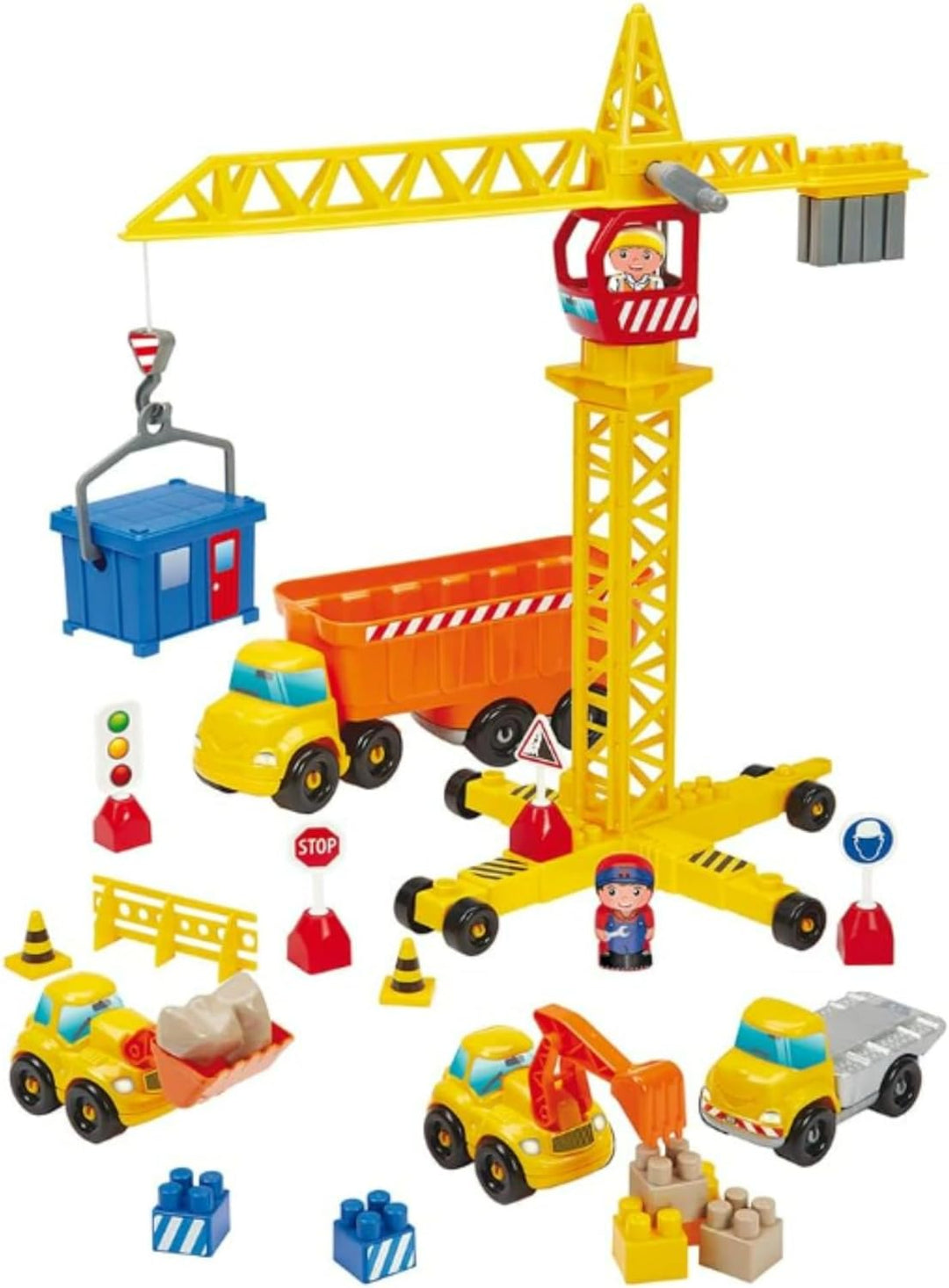 Ecoiffier – Abrick Baustellen Spielset – mit Kran, Baustellenfahrzeugen, LKW, Bausteinen, Schildern,