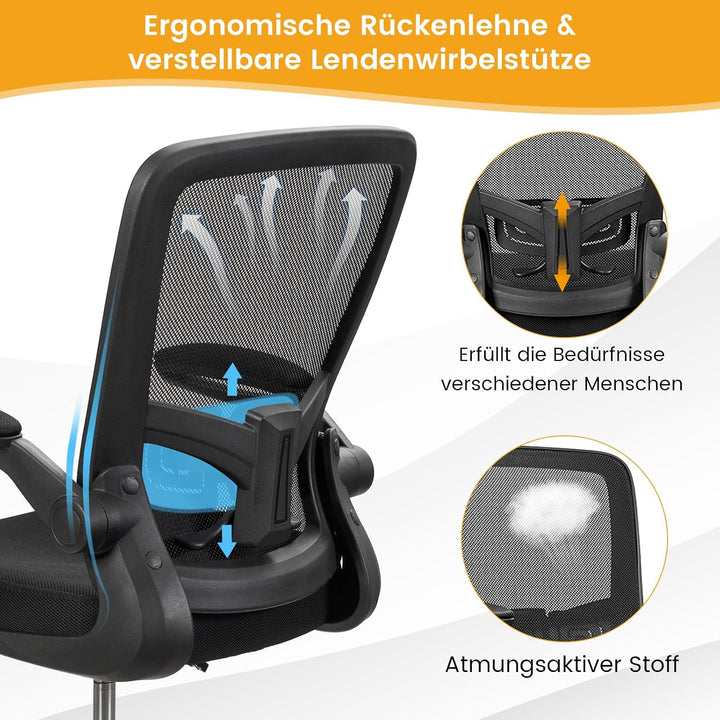 COSTWAY Arbeitsstuhl, Bürostuhl mit hochklappbaren Armlehnen und verstellbarem Fussring, Sitzhöhe 55