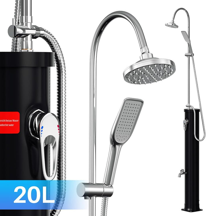 Solardusche 20 L mit Wasserhahn-Arm in halber Höhe – Platzsparende Aussendusche inkl. UV-Schutzhaube