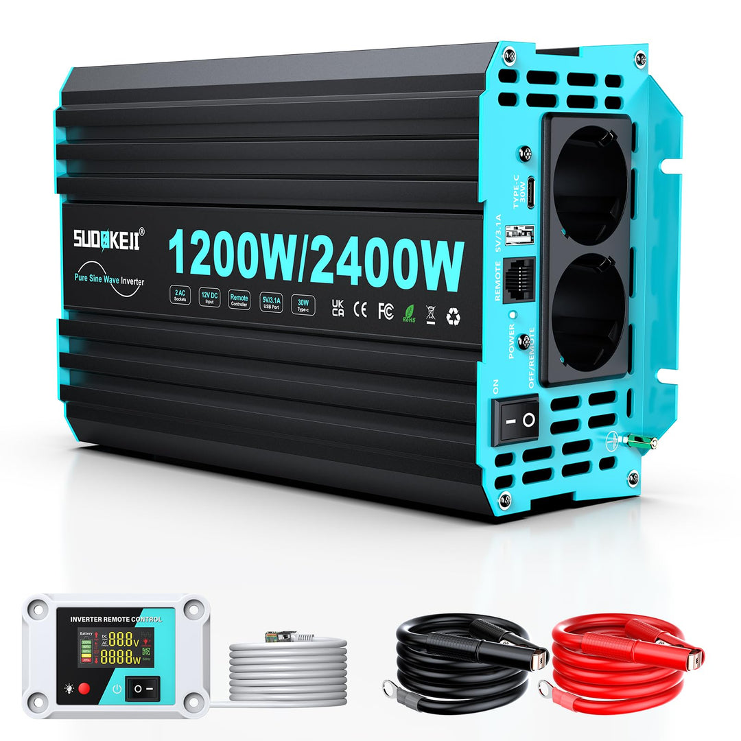 SUDOKEJI 1200W/2400W Wechselrichter Reiner Sinus Spannungswandler 12v auf 230v Power Inverter mit LC