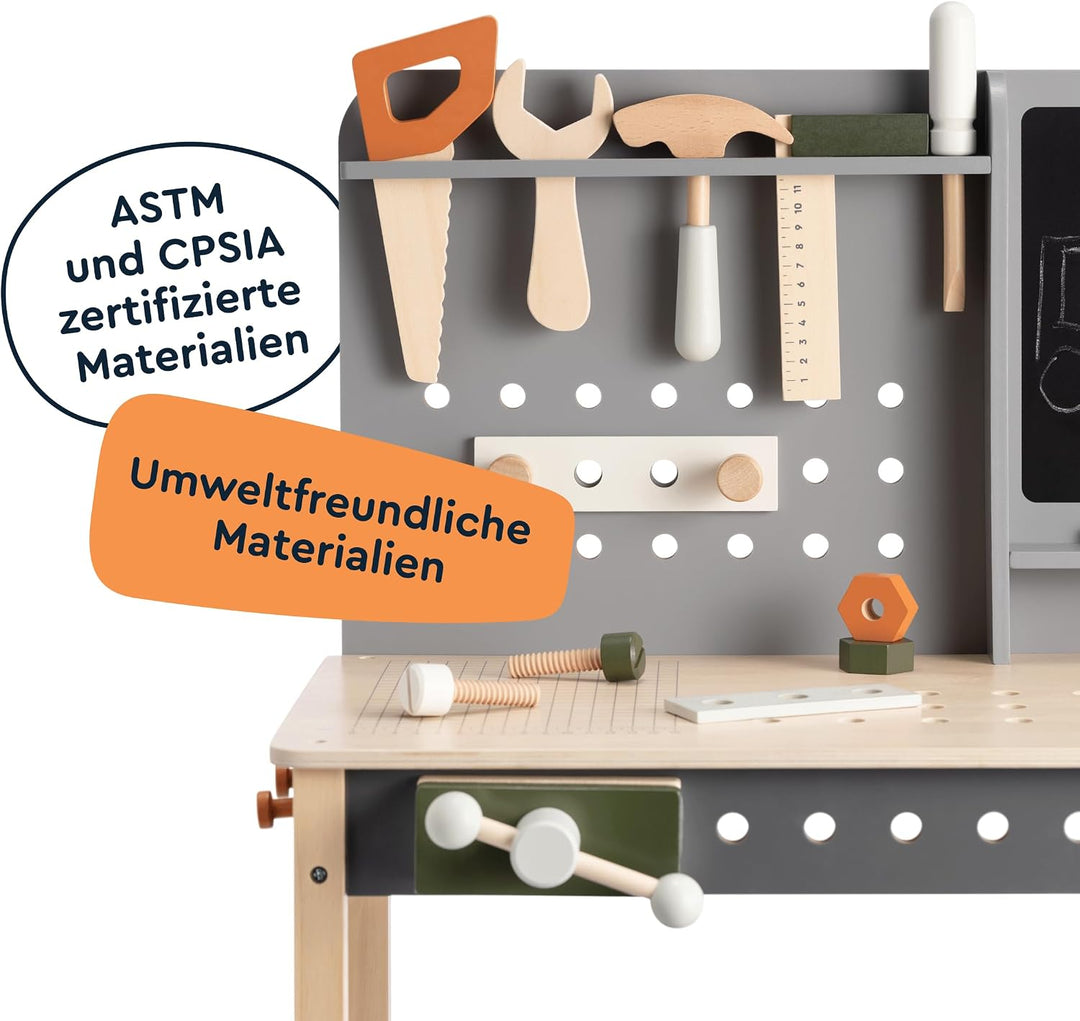 Holzwerkbank Spielzeug, Werkstatt mit 61 Teilen, Realistischen Werkzeuge, Schrauben, Mutter, Säge, S