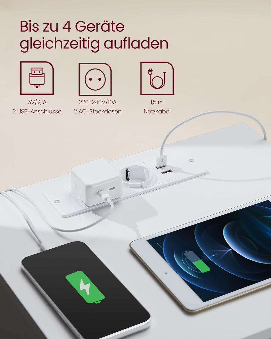 VASAGLE Kailyn Kollektion - Nachttisch mit Steckdosenleiste, 2er Set, Beistelltisch, 3 Schubladen, 2
