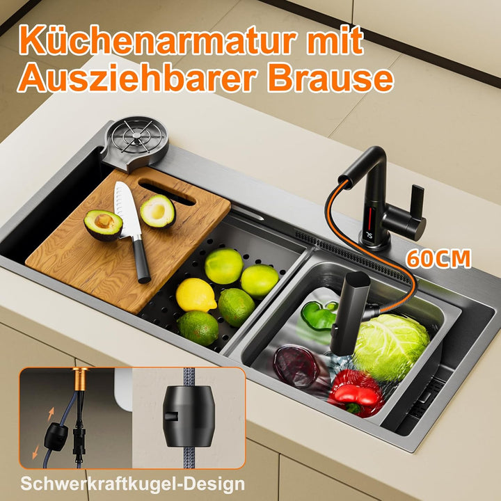 Wasserhahn Küche mit Brause Ausziehbar, 3 Modus Küchenarmatur mit LED Temperaturanzeige, Einhebel Mi