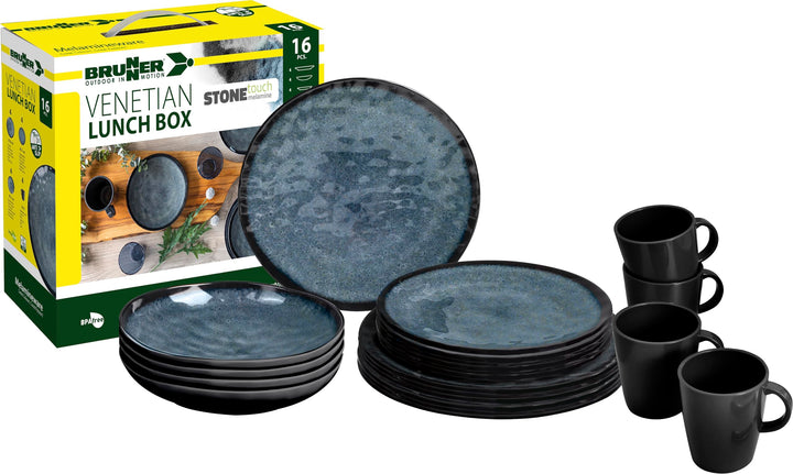 BRUNNER Melamin ESS Geschirr Set Lunch Box 16-teilig Camping Reise Teller Becher Venetian, Venetian