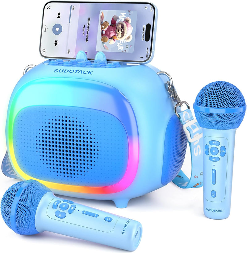 SUDOTACK Mini Karaoke Machine for Kids, KM100 Portable Bluetooth Karaoke Speaker with 2 Wilreless Mi