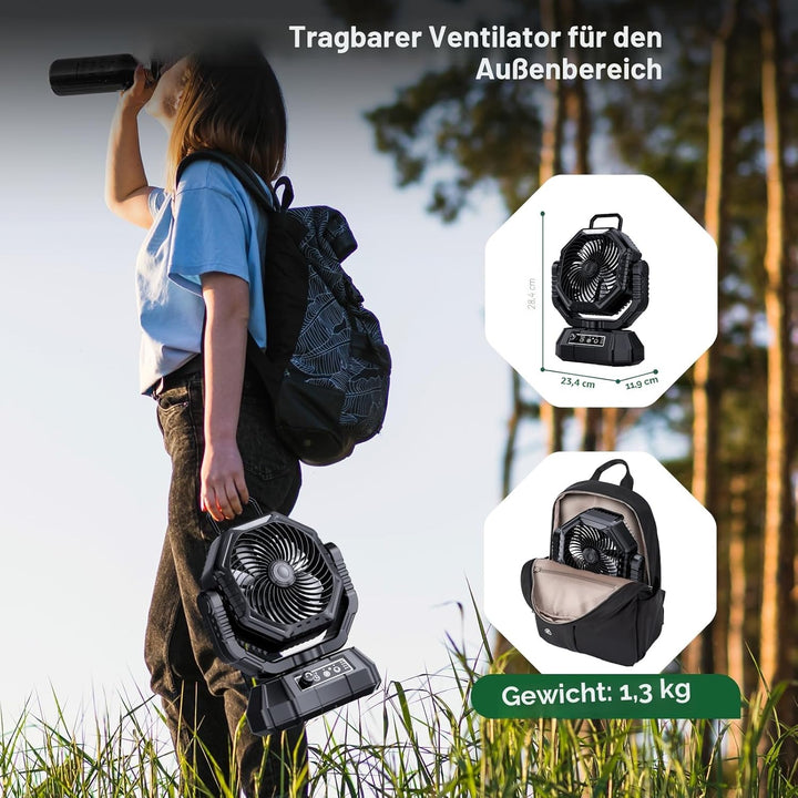 AJVV Camping Ventilator mit akku 20000mAh, Akku Ventilator mit Fernbedienung/LED Licht/270° Drehung,