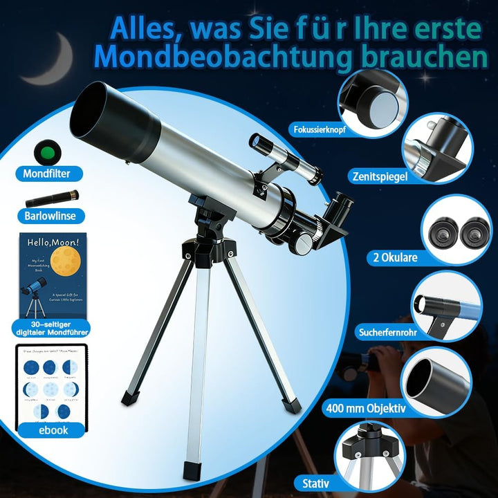 Teleskop für Kinder 50mm 100x Vergrösserung Anfänger Silber Telescopio mit Stativ, 2 Okularen, Suche