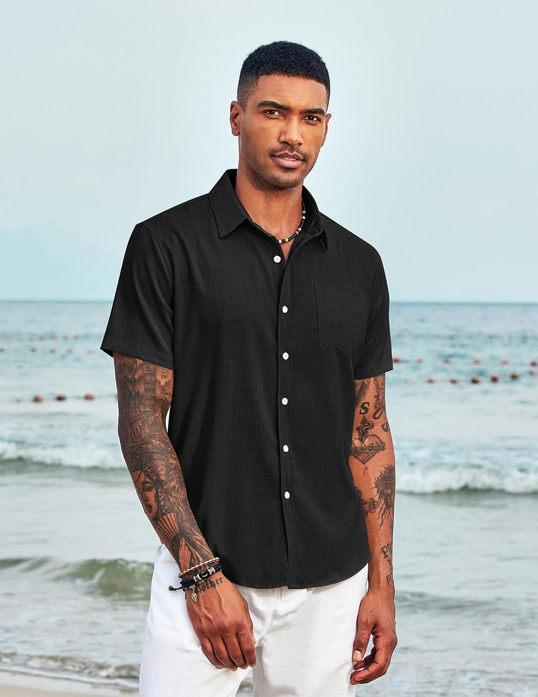 COOFANDY Hemd Herren Kurzarm Leinenhemd Leicht Sommerhemd Freizeithemd Strandhemd Kurzarmhemd L 01-s